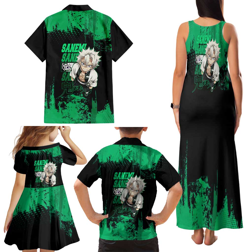 Sanemi Shinazugawa Demon Slayer Green and Black Grunge Family Matching Tank Maxi Dress and Hawaiian Shirt Design with Intense Eyes and Wind Hashira Theme