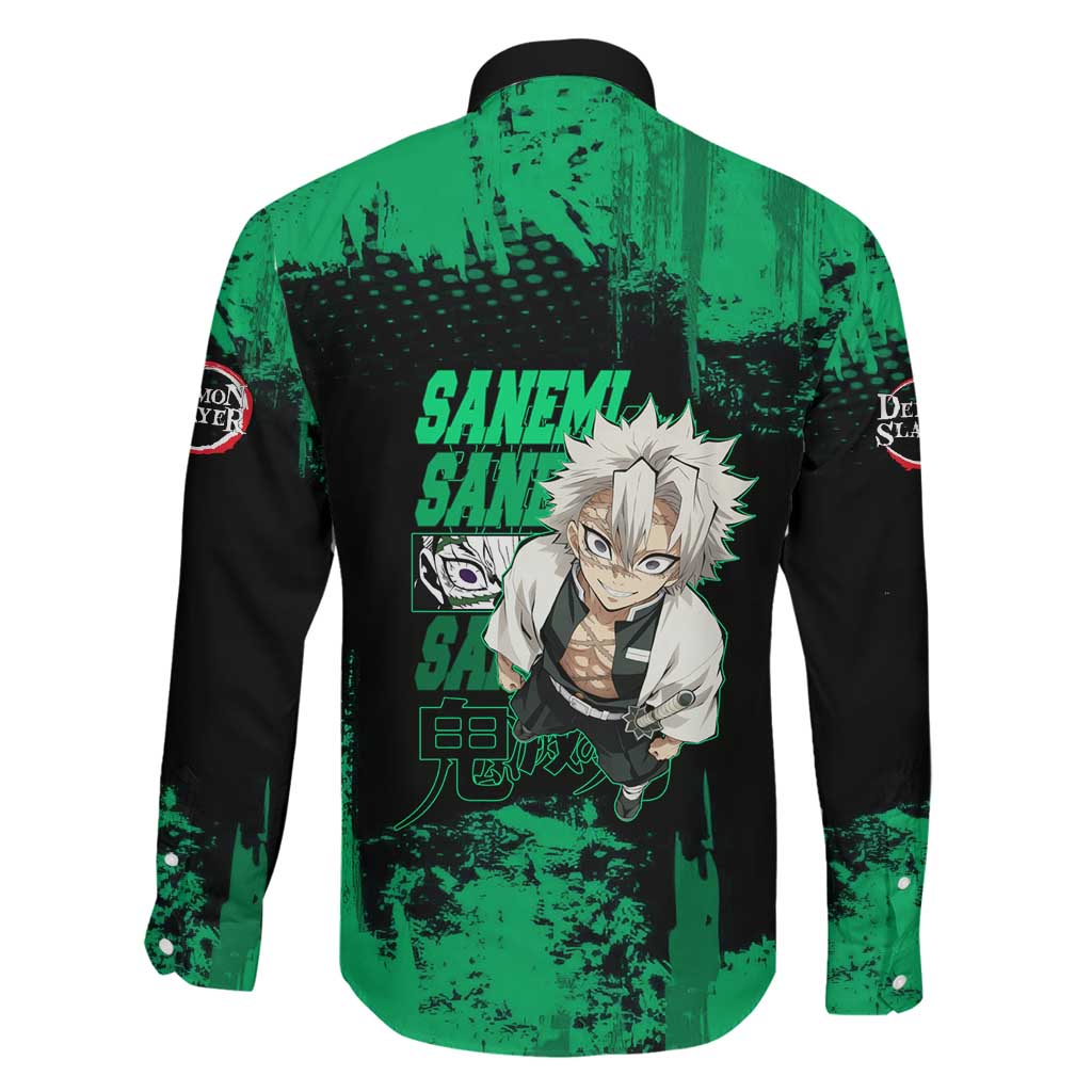 Sanemi Shinazugawa Demon Slayer Green and Black Grunge Family Matching Tank Maxi Dress and Hawaiian Shirt Design with Intense Eyes and Wind Hashira Theme