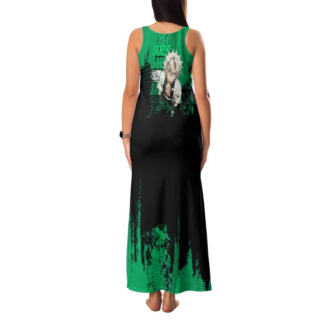 Sanemi Shinazugawa Demon Slayer Green and Black Grunge Family Matching Tank Maxi Dress and Hawaiian Shirt Design with Intense Eyes and Wind Hashira Theme