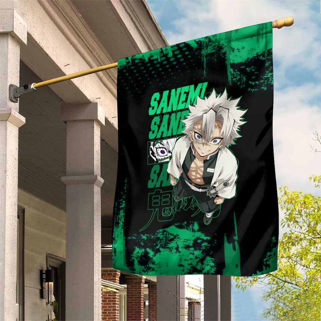 Sanemi Shinazugawa Demon Slayer Green and Black Grunge Garden Flag Design with Intense Eyes and Wind Hashira Theme - The Mazicc