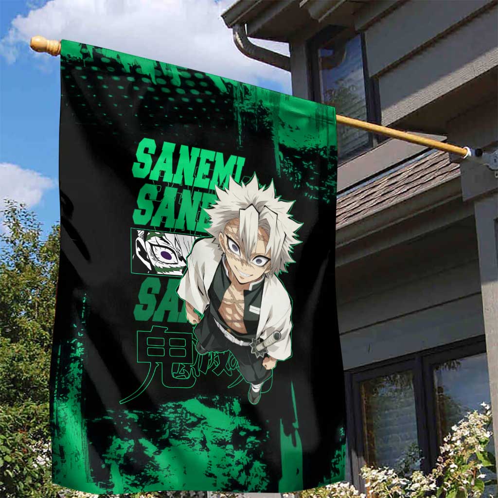 Sanemi Shinazugawa Demon Slayer Green and Black Grunge Garden Flag Design with Intense Eyes and Wind Hashira Theme - The Mazicc