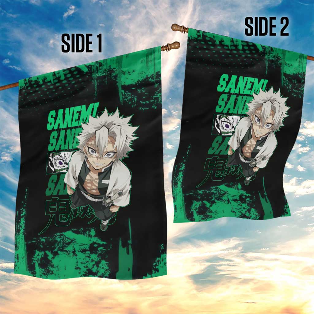Sanemi Shinazugawa Demon Slayer Green and Black Grunge Garden Flag Design with Intense Eyes and Wind Hashira Theme - The Mazicc