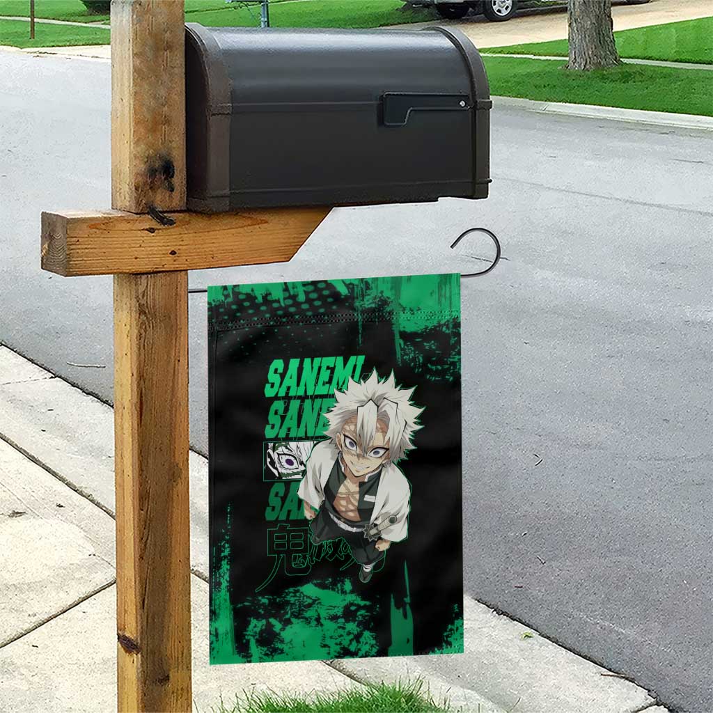 Sanemi Shinazugawa Demon Slayer Green and Black Grunge Garden Flag Design with Intense Eyes and Wind Hashira Theme - The Mazicc