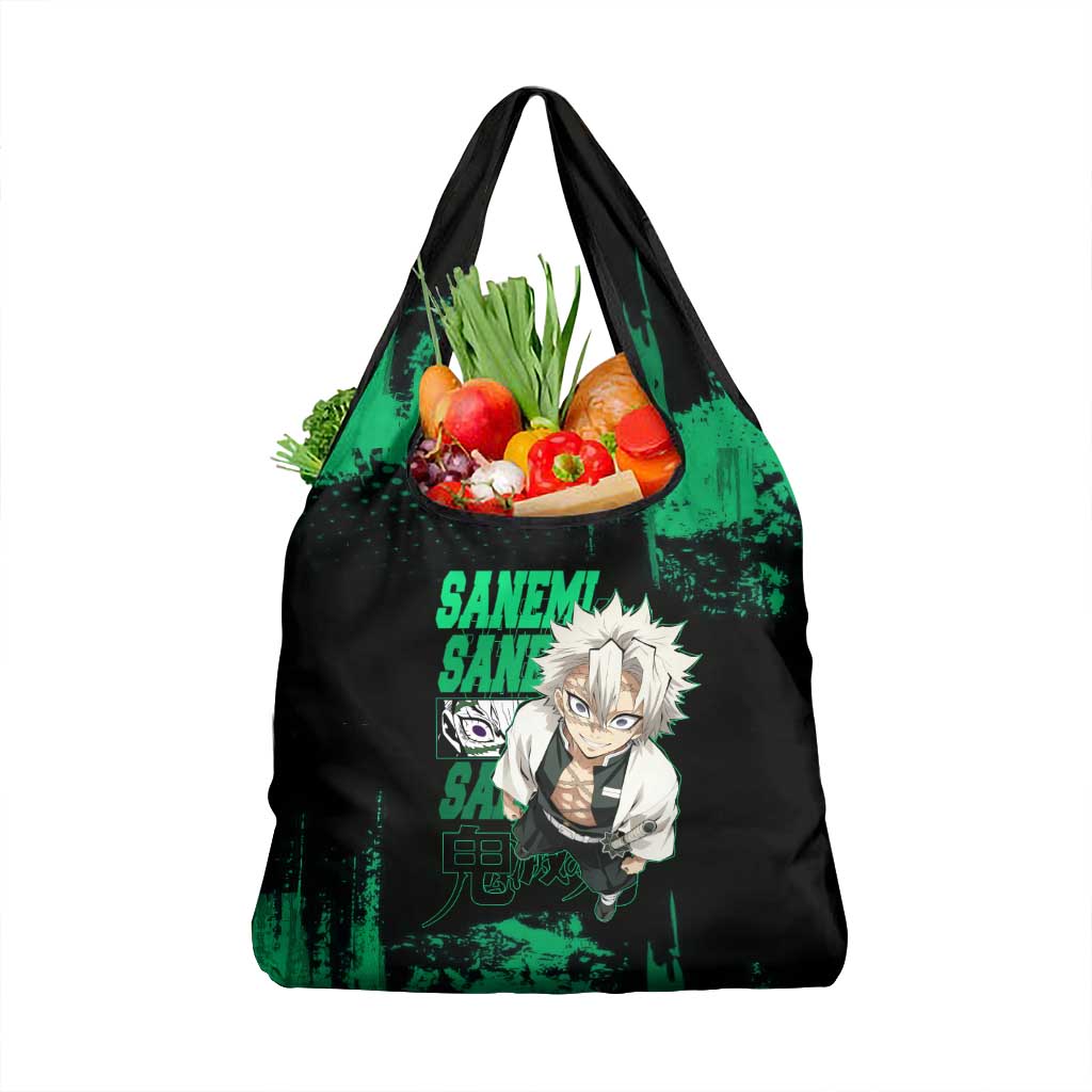 Sanemi Shinazugawa Demon Slayer Green and Black Grunge Grocery Bag Design with Intense Eyes and Wind Hashira Theme - The Mazicc