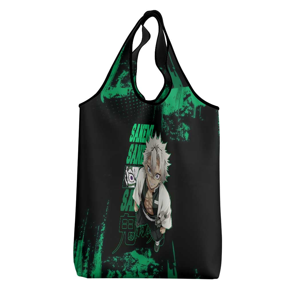 Sanemi Shinazugawa Demon Slayer Green and Black Grunge Grocery Bag Design with Intense Eyes and Wind Hashira Theme - The Mazicc
