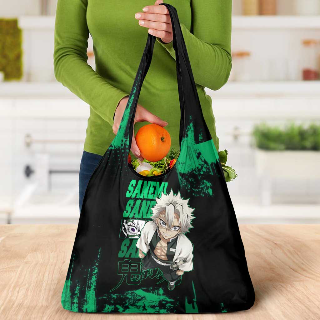 Sanemi Shinazugawa Demon Slayer Green and Black Grunge Grocery Bag Design with Intense Eyes and Wind Hashira Theme - The Mazicc