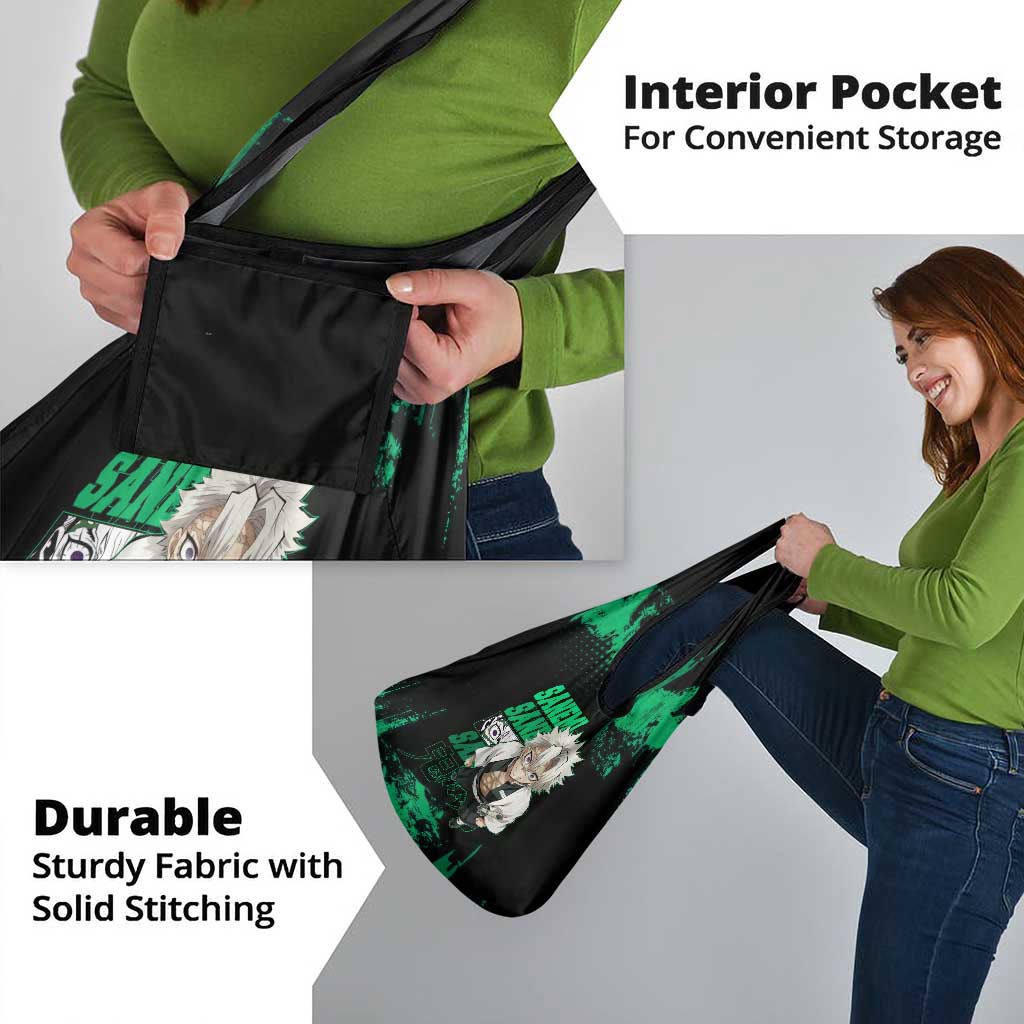 Sanemi Shinazugawa Demon Slayer Green and Black Grunge Grocery Bag Design with Intense Eyes and Wind Hashira Theme - The Mazicc