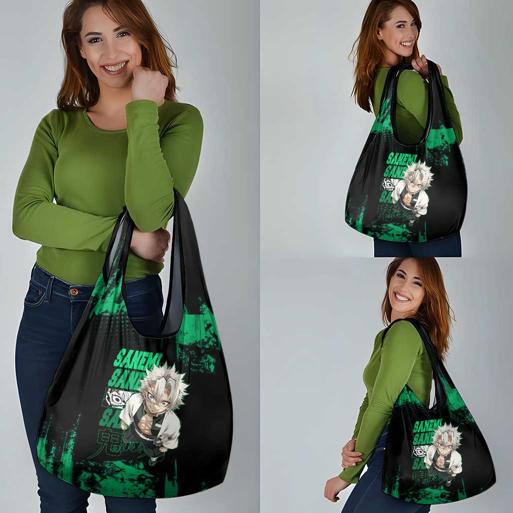 Sanemi Shinazugawa Demon Slayer Green and Black Grunge Grocery Bag Design with Intense Eyes and Wind Hashira Theme - The Mazicc