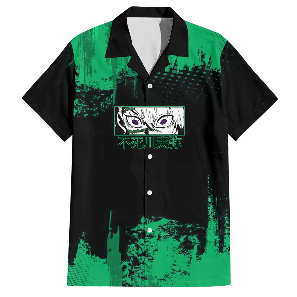 Sanemi Shinazugawa Demon Slayer Green and Black Grunge Hawaiian Shirt Design with Intense Eyes and Wind Hashira Theme - The Mazicc