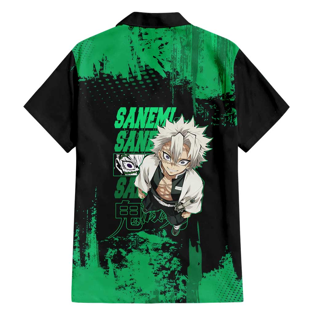 Sanemi Shinazugawa Demon Slayer Green and Black Grunge Hawaiian Shirt Design with Intense Eyes and Wind Hashira Theme - The Mazicc
