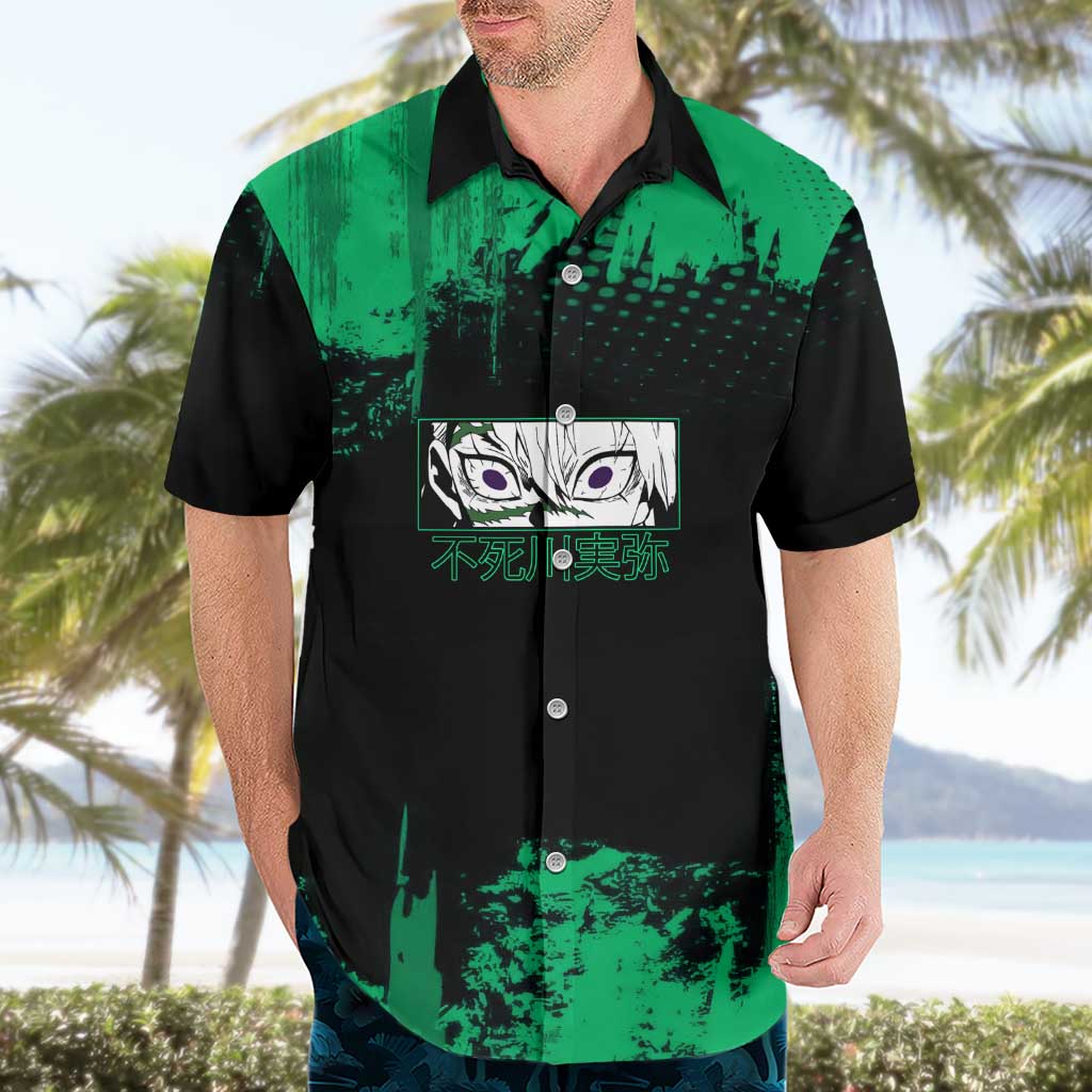 Sanemi Shinazugawa Demon Slayer Green and Black Grunge Hawaiian Shirt Design with Intense Eyes and Wind Hashira Theme - The Mazicc