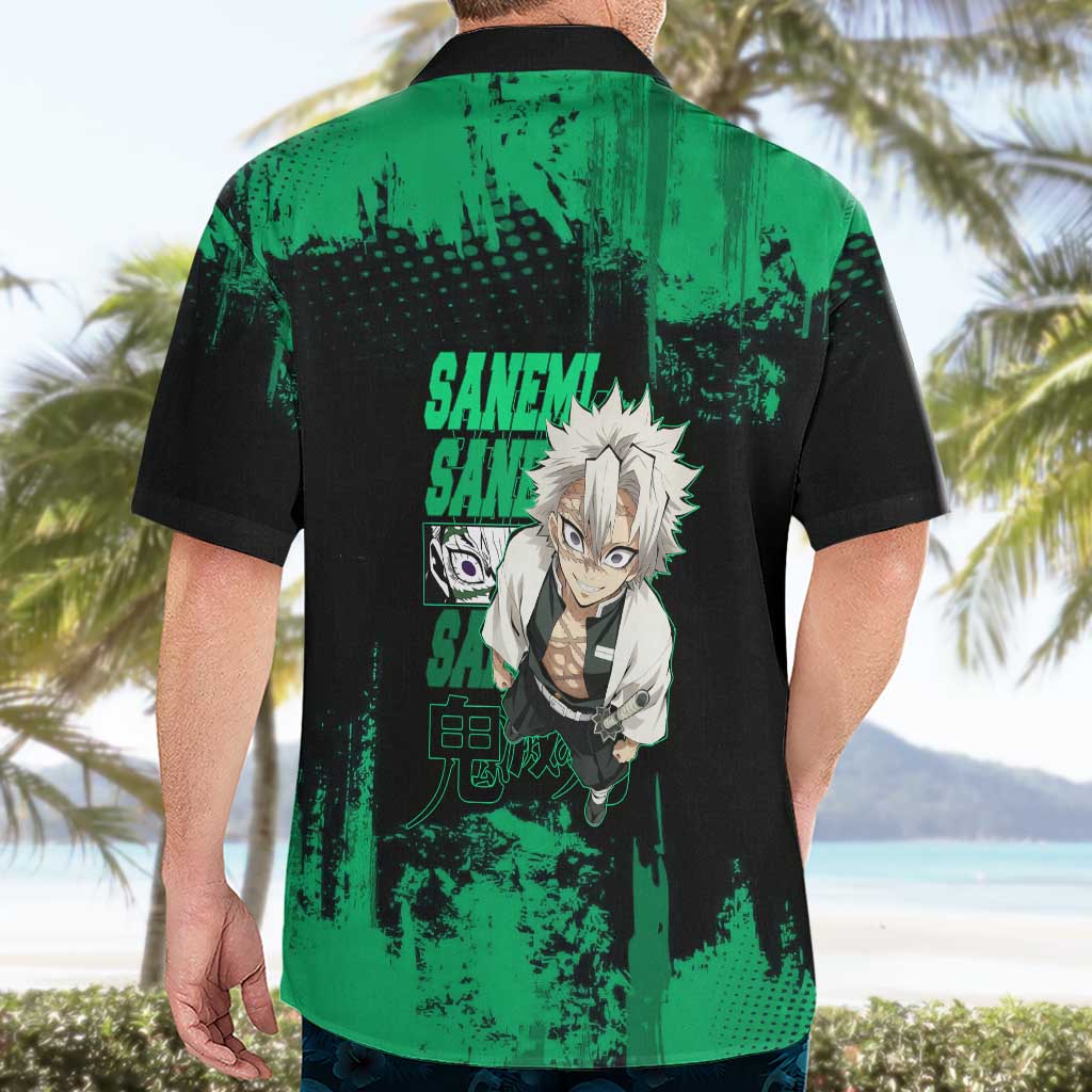 Sanemi Shinazugawa Demon Slayer Green and Black Grunge Hawaiian Shirt Design with Intense Eyes and Wind Hashira Theme - The Mazicc