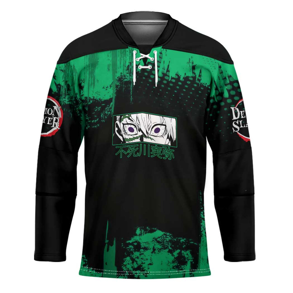 Sanemi Shinazugawa Demon Slayer Green and Black Grunge Hockey Jersey Design with Intense Eyes and Wind Hashira Theme - The Mazicc