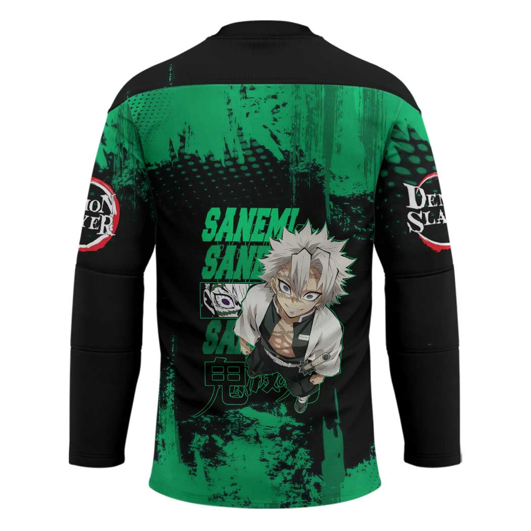 Sanemi Shinazugawa Demon Slayer Green and Black Grunge Hockey Jersey Design with Intense Eyes and Wind Hashira Theme - The Mazicc