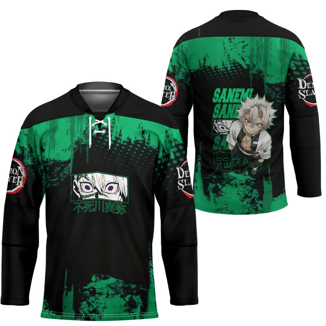 Sanemi Shinazugawa Demon Slayer Green and Black Grunge Hockey Jersey Design with Intense Eyes and Wind Hashira Theme - The Mazicc