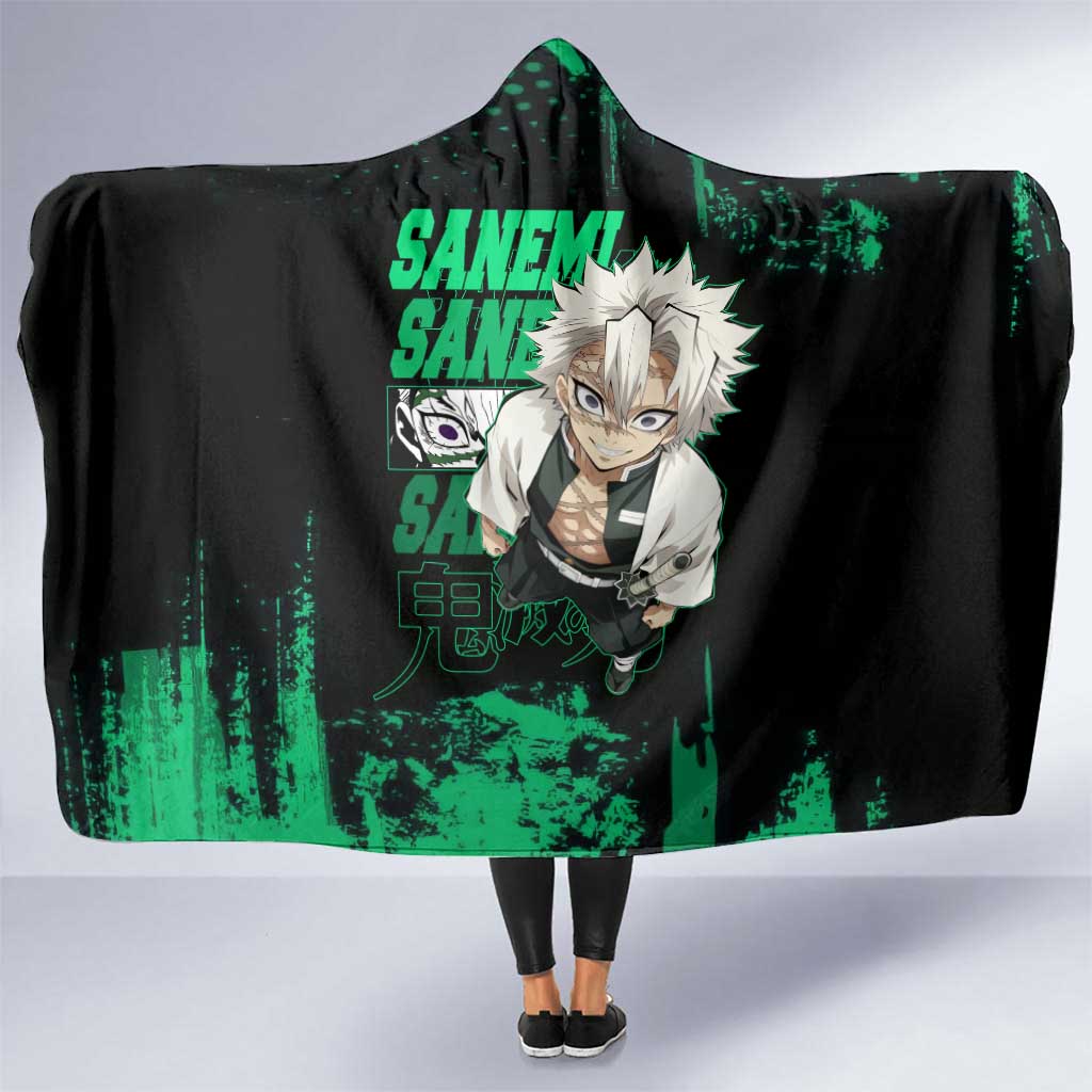 Sanemi Shinazugawa Demon Slayer Green and Black Grunge Hooded Blanket Design with Intense Eyes and Wind Hashira Theme - The Mazicc