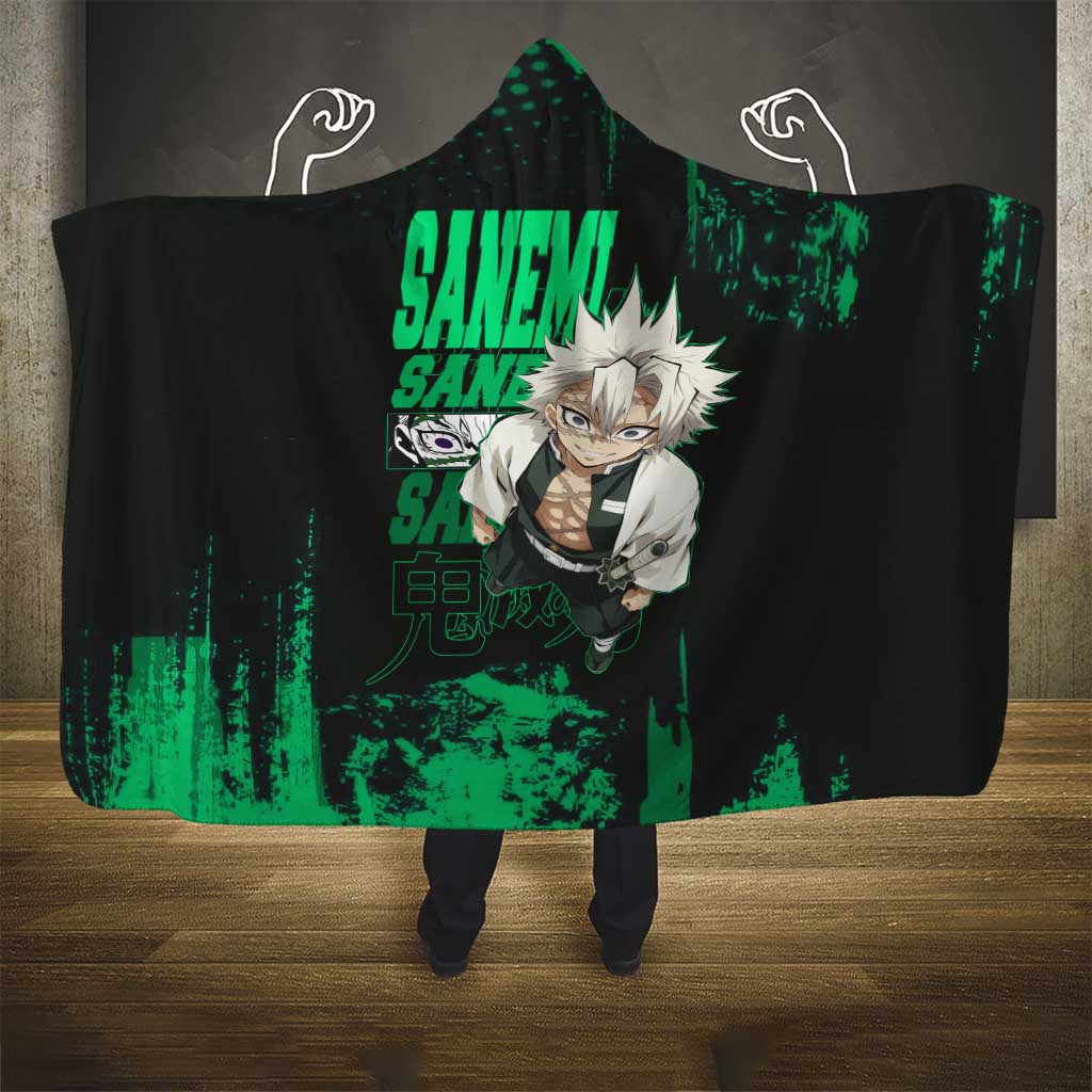 Sanemi Shinazugawa Demon Slayer Green and Black Grunge Hooded Blanket Design with Intense Eyes and Wind Hashira Theme - The Mazicc