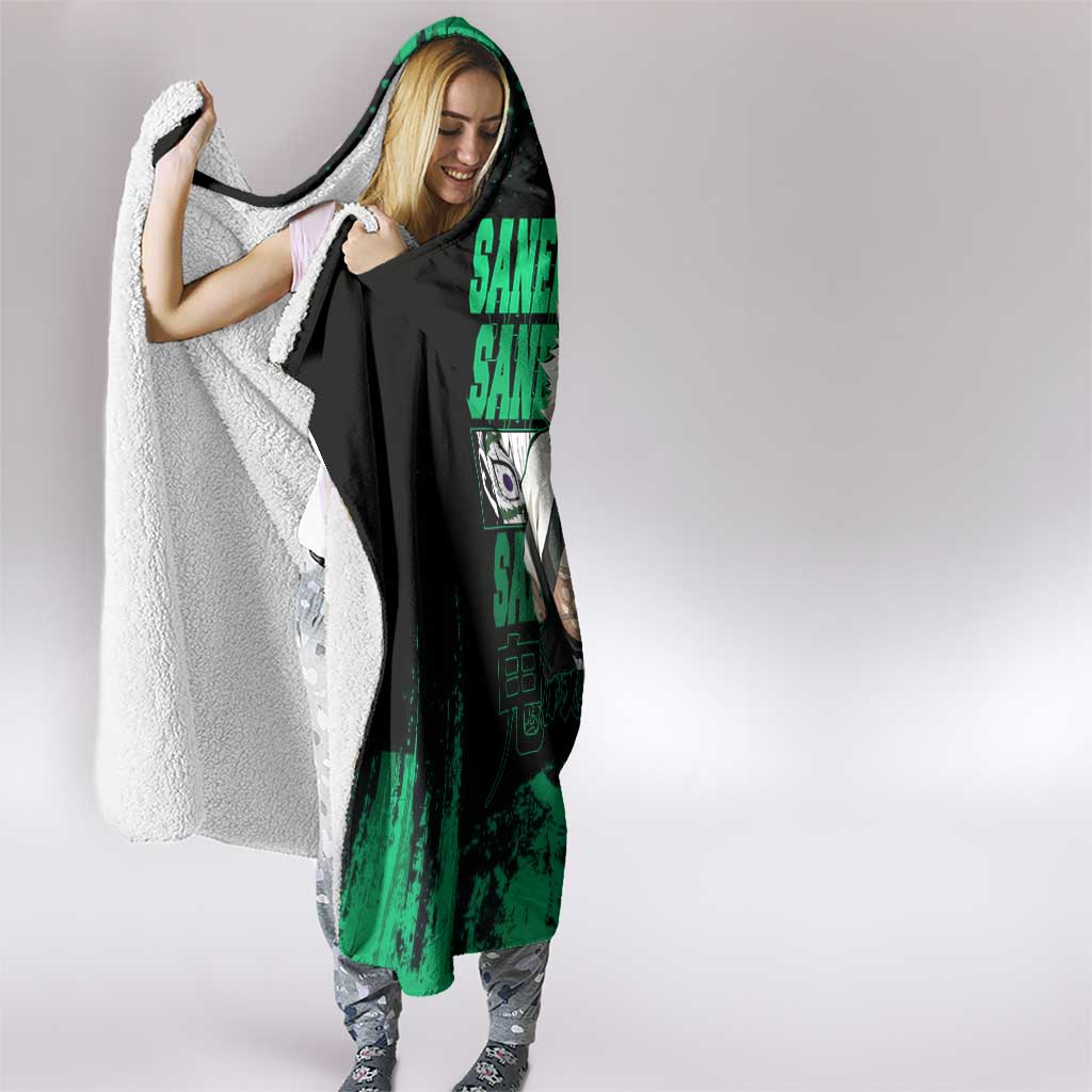 Sanemi Shinazugawa Demon Slayer Green and Black Grunge Hooded Blanket Design with Intense Eyes and Wind Hashira Theme - The Mazicc