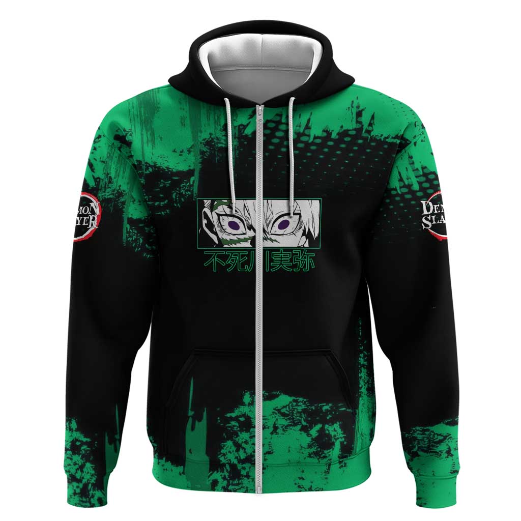 Sanemi Shinazugawa Demon Slayer Green and Black Grunge Hoodie Design with Intense Eyes and Wind Hashira Theme - The Mazicc