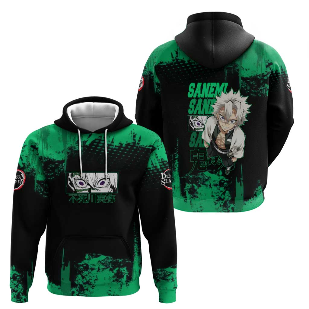 Sanemi Shinazugawa Demon Slayer Green and Black Grunge Hoodie Design with Intense Eyes and Wind Hashira Theme - The Mazicc