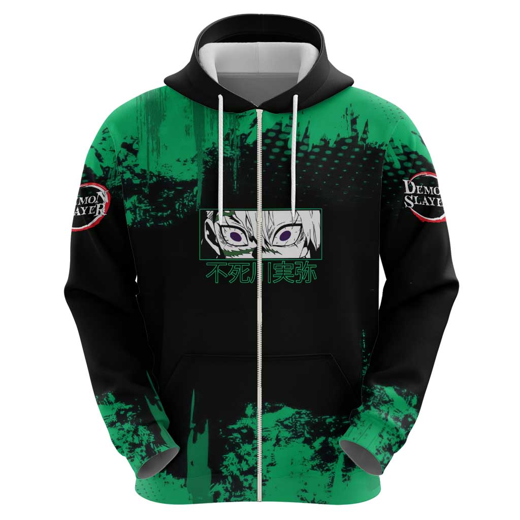 Sanemi Shinazugawa Demon Slayer Green and Black Grunge Hoodie Design with Intense Eyes and Wind Hashira Theme - The Mazicc