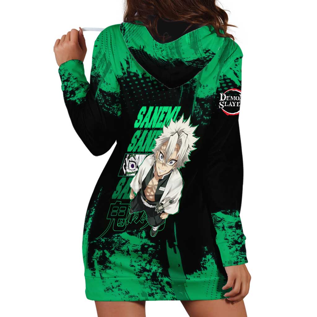 Sanemi Shinazugawa Demon Slayer Green and Black Grunge Hoodie Dress Design with Intense Eyes and Wind Hashira Theme - The Mazicc