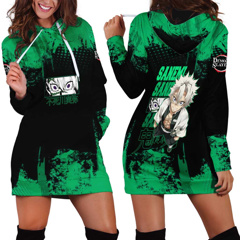 Sanemi Shinazugawa Demon Slayer Green and Black Grunge Hoodie Dress Design with Intense Eyes and Wind Hashira Theme - The Mazicc