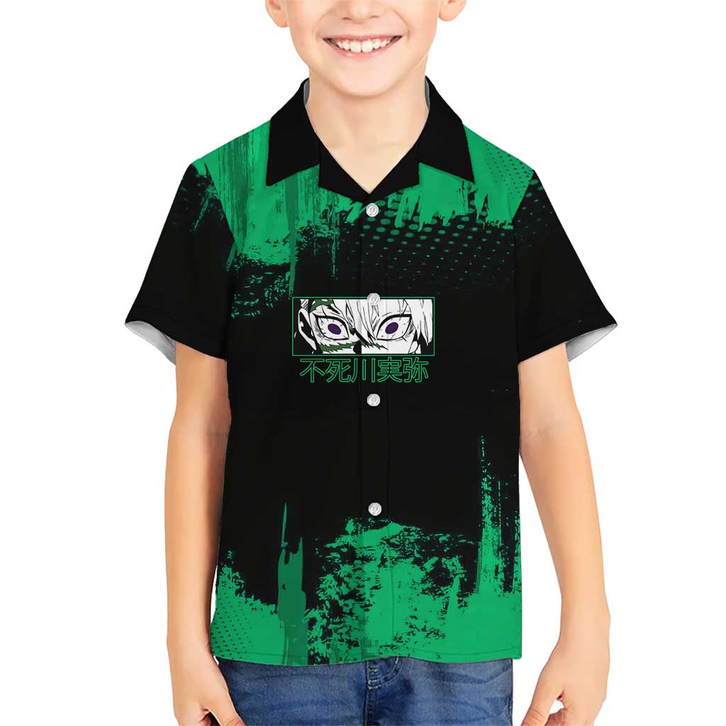 Sanemi Shinazugawa Demon Slayer Green and Black Grunge Kid Hawaiian Shirt Design with Intense Eyes and Wind Hashira Theme - The Mazicc
