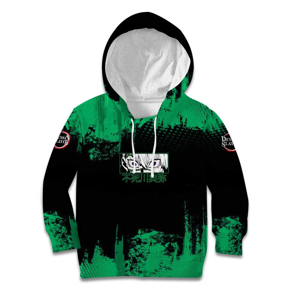 Sanemi Shinazugawa Demon Slayer Green and Black Grunge Kid Hoodie Design with Intense Eyes and Wind Hashira Theme - The Mazicc