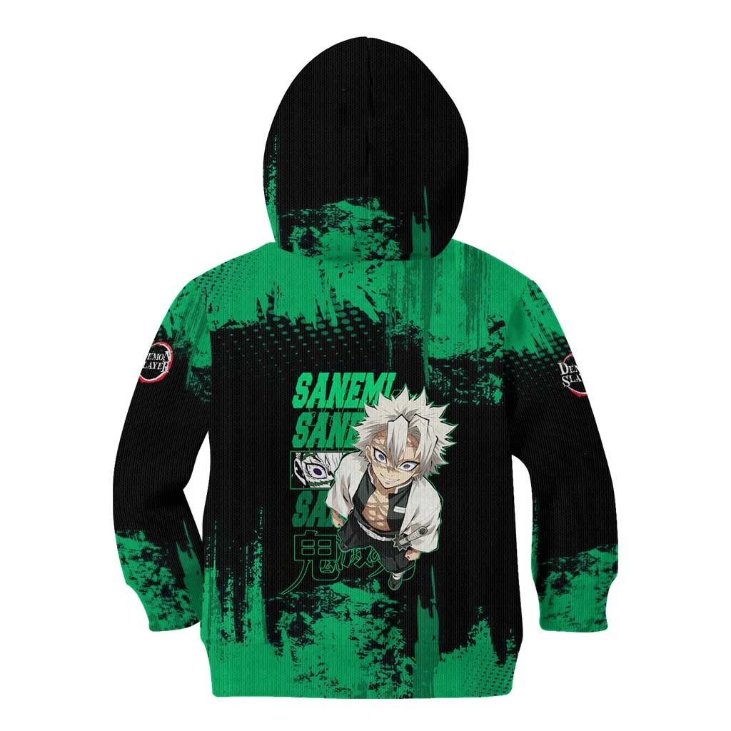Sanemi Shinazugawa Demon Slayer Green and Black Grunge Kid Hoodie Design with Intense Eyes and Wind Hashira Theme - The Mazicc