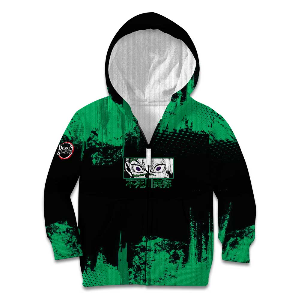 Sanemi Shinazugawa Demon Slayer Green and Black Grunge Kid Hoodie Design with Intense Eyes and Wind Hashira Theme - The Mazicc