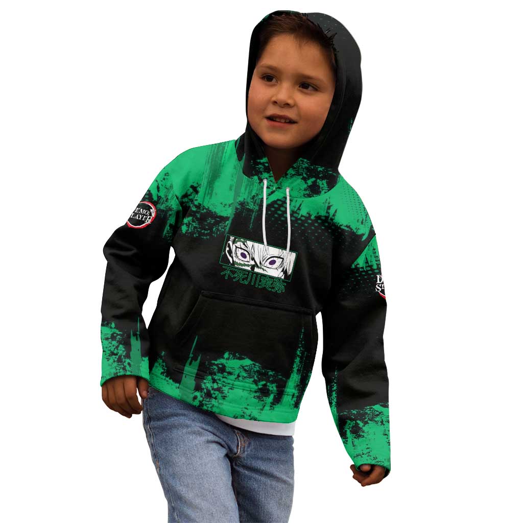 Sanemi Shinazugawa Demon Slayer Green and Black Grunge Kid Hoodie Design with Intense Eyes and Wind Hashira Theme - The Mazicc