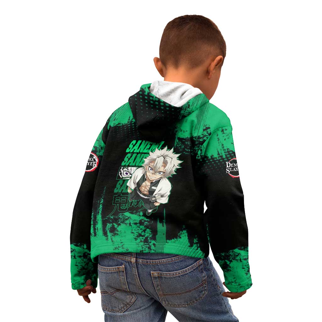 Sanemi Shinazugawa Demon Slayer Green and Black Grunge Kid Hoodie Design with Intense Eyes and Wind Hashira Theme - The Mazicc
