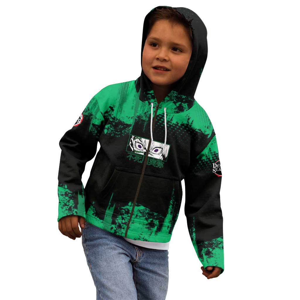 Sanemi Shinazugawa Demon Slayer Green and Black Grunge Kid Hoodie Design with Intense Eyes and Wind Hashira Theme - The Mazicc