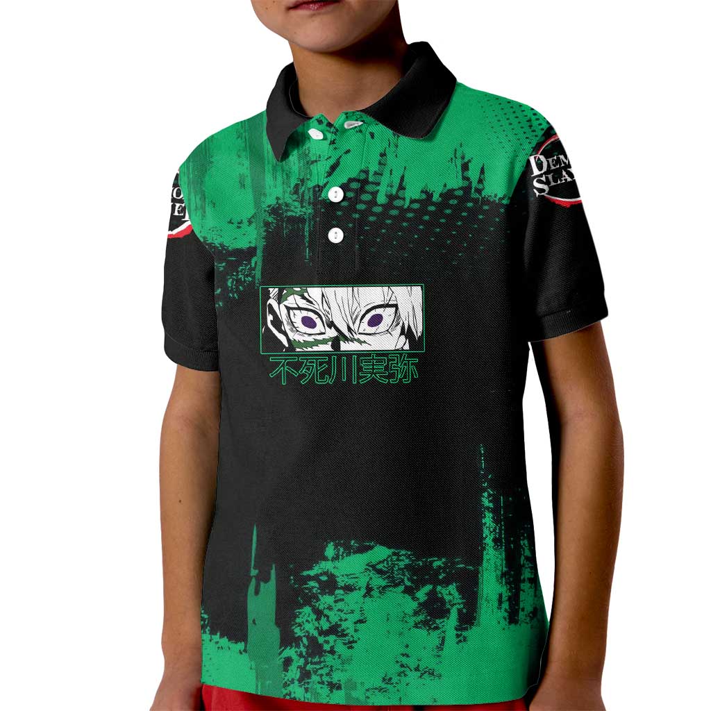 Sanemi Shinazugawa Demon Slayer Green and Black Grunge Kid Polo Shirt Design with Intense Eyes and Wind Hashira Theme - The Mazicc