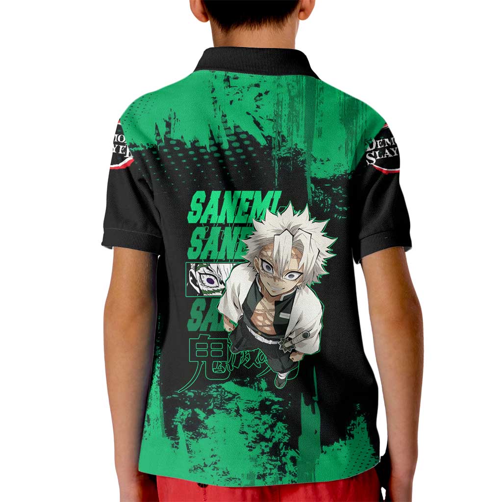 Sanemi Shinazugawa Demon Slayer Green and Black Grunge Kid Polo Shirt Design with Intense Eyes and Wind Hashira Theme - The Mazicc