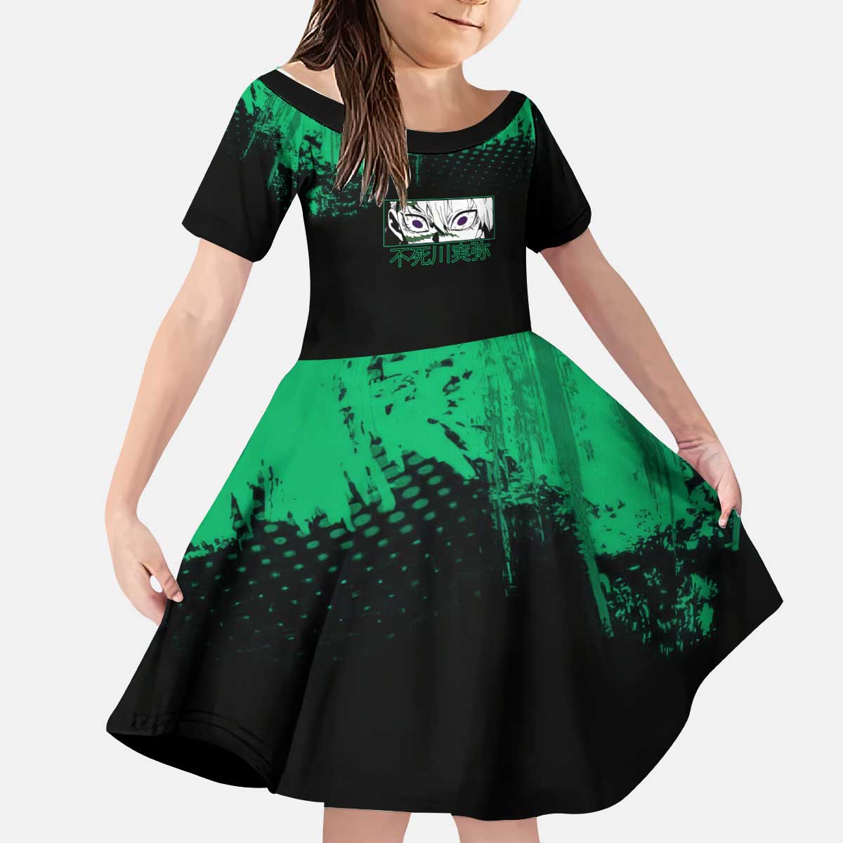 Sanemi Shinazugawa Demon Slayer Green and Black Grunge Kid Short Sleeve Dress Design with Intense Eyes and Wind Hashira Theme - The Mazicc