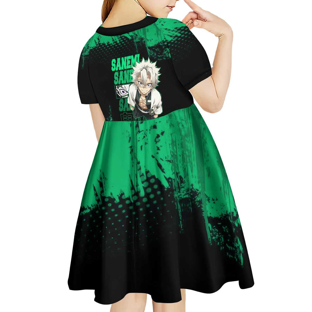 Sanemi Shinazugawa Demon Slayer Green and Black Grunge Kid Short Sleeve Dress Design with Intense Eyes and Wind Hashira Theme - The Mazicc