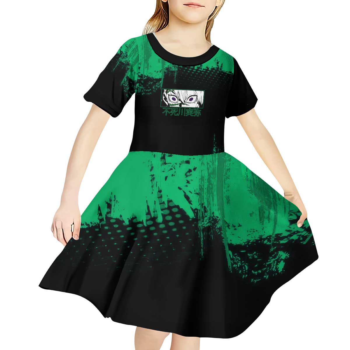 Sanemi Shinazugawa Demon Slayer Green and Black Grunge Kid Short Sleeve Dress Design with Intense Eyes and Wind Hashira Theme - The Mazicc