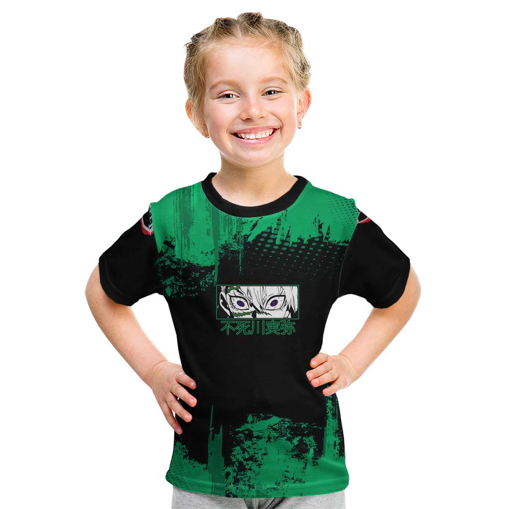 Sanemi Shinazugawa Demon Slayer Green and Black Grunge Kid T Shirt Design with Intense Eyes and Wind Hashira Theme - The Mazicc