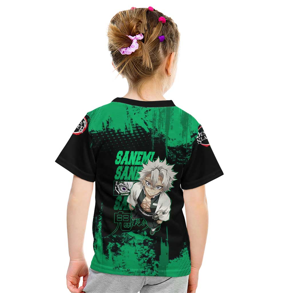 Sanemi Shinazugawa Demon Slayer Green and Black Grunge Kid T Shirt Design with Intense Eyes and Wind Hashira Theme - The Mazicc