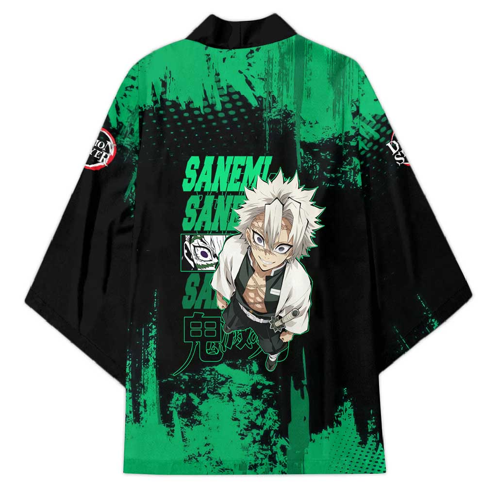 Sanemi Shinazugawa Demon Slayer Green and Black Grunge Kimono Design with Intense Eyes and Wind Hashira Theme - The Mazicc