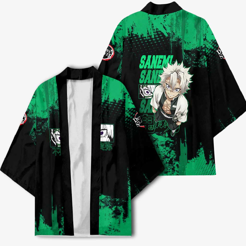 Sanemi Shinazugawa Demon Slayer Green and Black Grunge Kimono Design with Intense Eyes and Wind Hashira Theme - The Mazicc