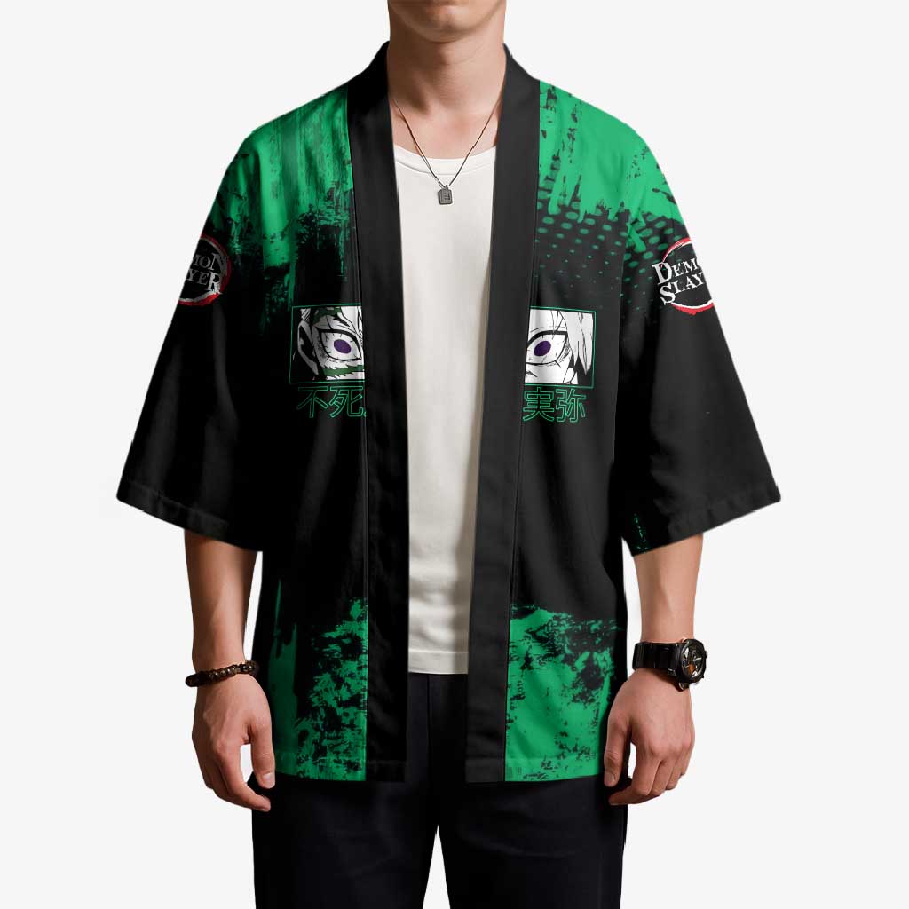 Sanemi Shinazugawa Demon Slayer Green and Black Grunge Kimono Design with Intense Eyes and Wind Hashira Theme - The Mazicc