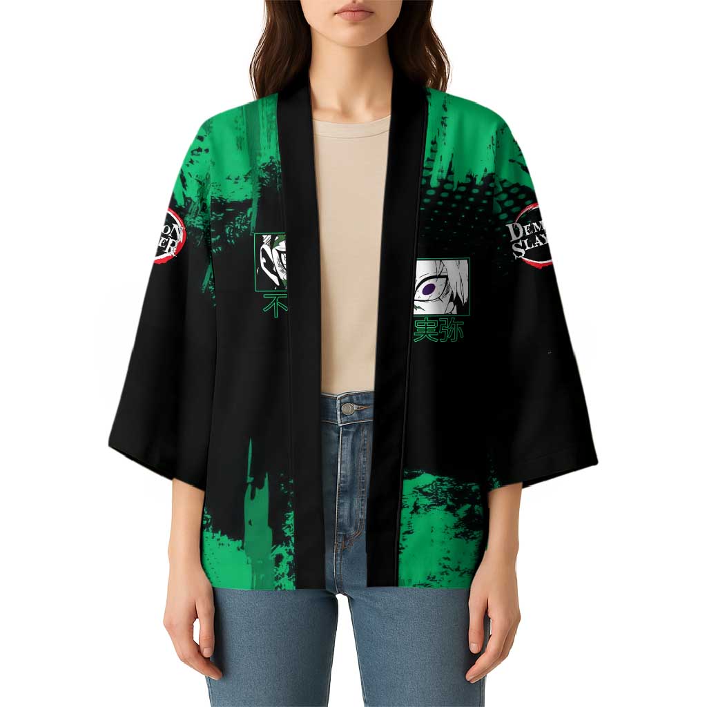 Sanemi Shinazugawa Demon Slayer Green and Black Grunge Kimono Design with Intense Eyes and Wind Hashira Theme - The Mazicc