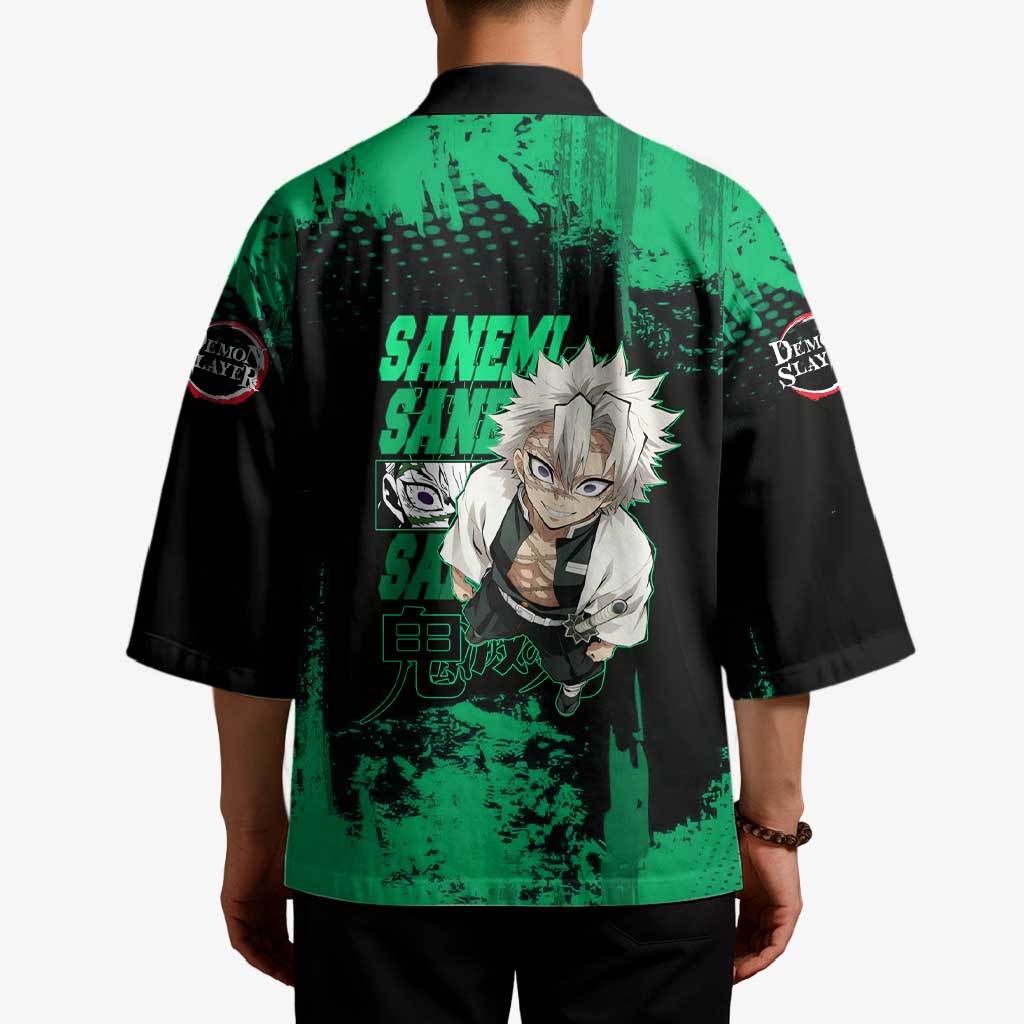Sanemi Shinazugawa Demon Slayer Green and Black Grunge Kimono Design with Intense Eyes and Wind Hashira Theme - The Mazicc