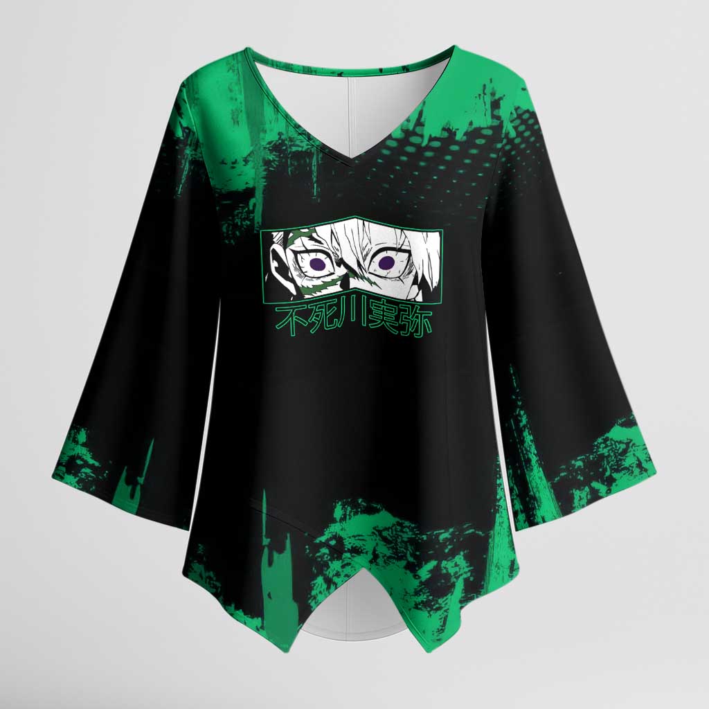 Sanemi Shinazugawa Demon Slayer Green and Black Grunge Kimono Sleeve Blouse Design with Intense Eyes and Wind Hashira Theme - The Mazicc