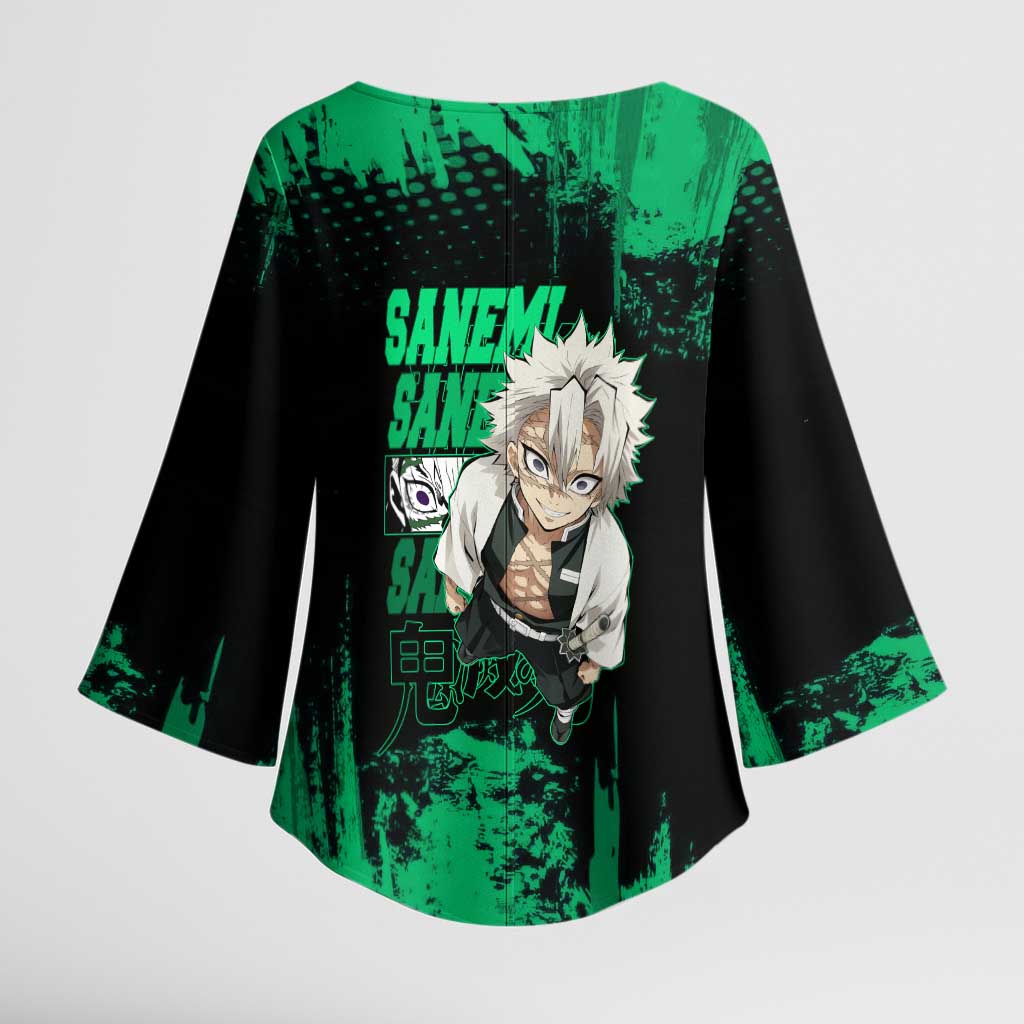 Sanemi Shinazugawa Demon Slayer Green and Black Grunge Kimono Sleeve Blouse Design with Intense Eyes and Wind Hashira Theme - The Mazicc