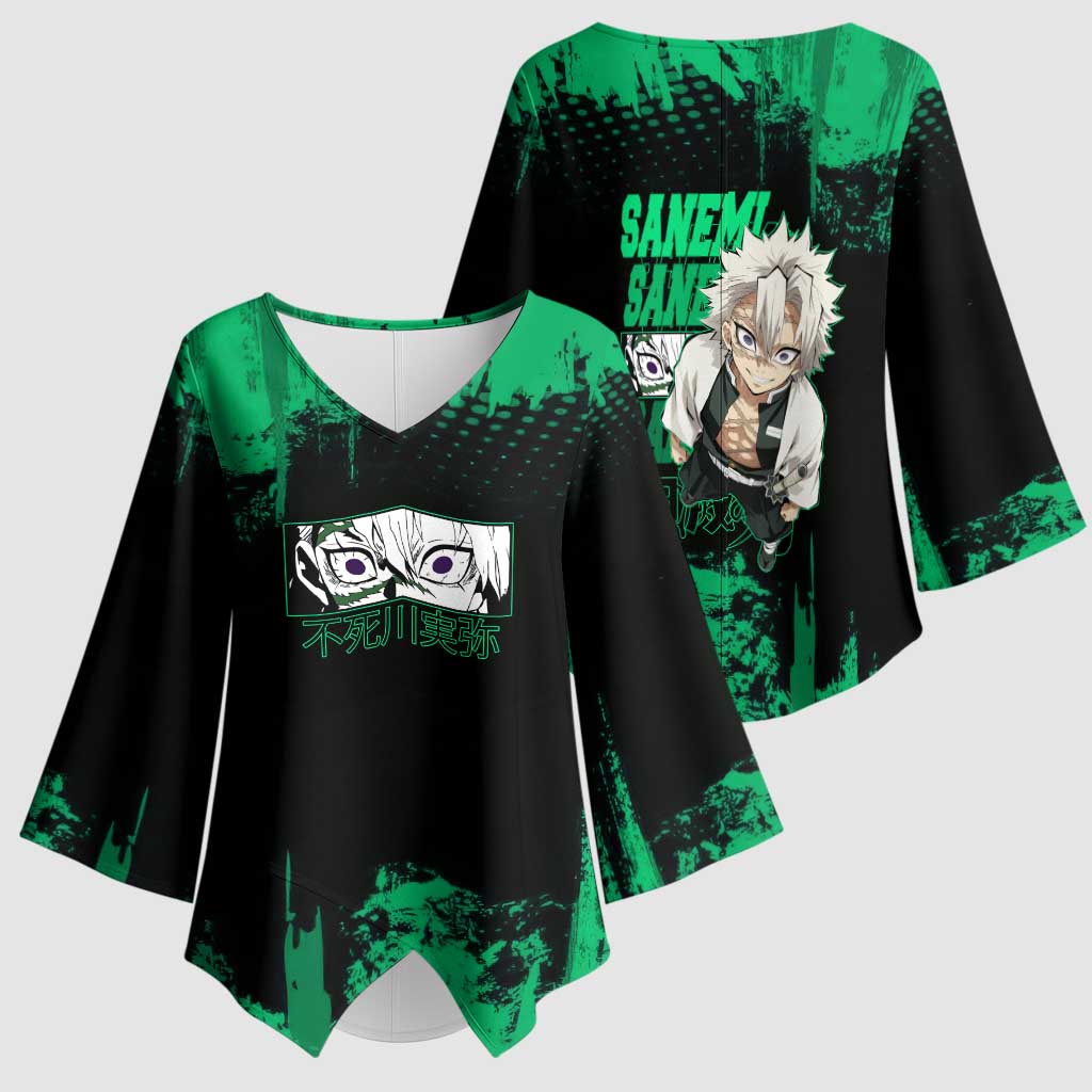Sanemi Shinazugawa Demon Slayer Green and Black Grunge Kimono Sleeve Blouse Design with Intense Eyes and Wind Hashira Theme - The Mazicc