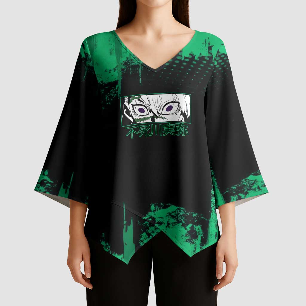 Sanemi Shinazugawa Demon Slayer Green and Black Grunge Kimono Sleeve Blouse Design with Intense Eyes and Wind Hashira Theme - The Mazicc